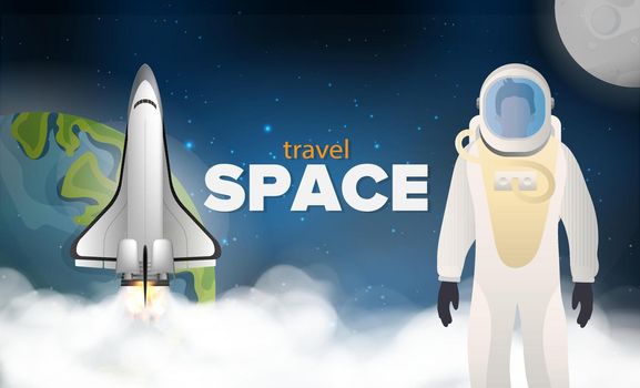 Travel to space. An astronaut in a protective suit. A rocket or shuttle fly in space against the background of space, the planet Earth and the Moon. Vector illustration.