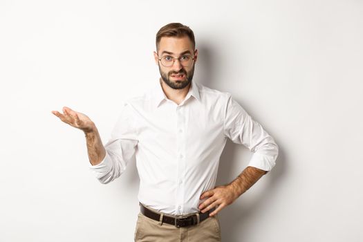 Confused office worker shrugging, cant understand something, standing over white background