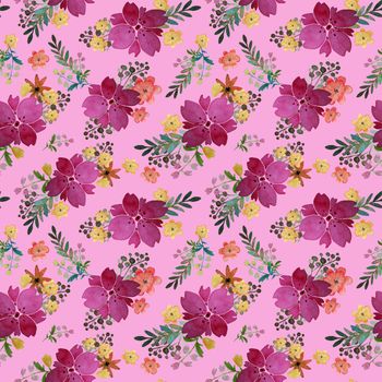 Romantic floral seamless pattern with flowers and leaf. Print for textile wallpaper endless. Hand-drawn watercolor elements. Beauty bouquets. Pink, yellow. green. orange on purple background.