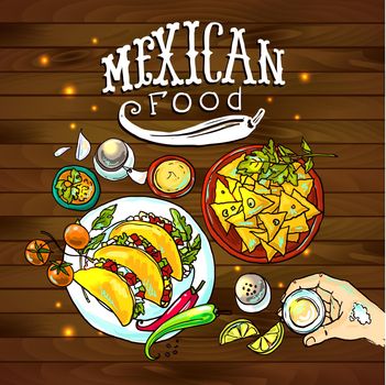 beautiful hand drawn illustration mexican food on the wood textyre