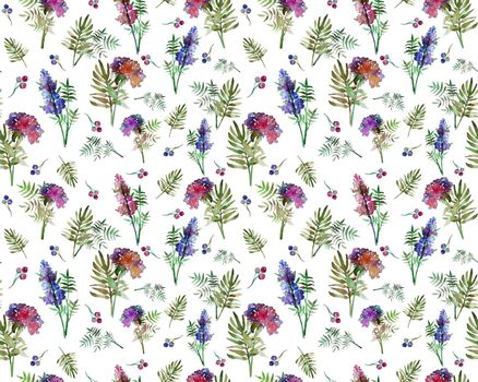 Vintage floral herbs seamless pattern with forest flowers and leaf. Print for textile wallpaper endless. Hand-drawn watercolor elements. Beauty bouquets. Pink, red. green on white background.