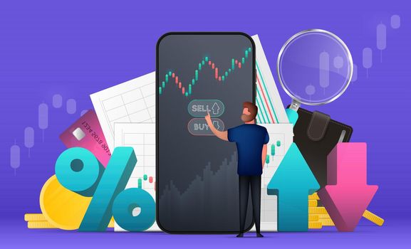 Trading banner. A man buys stocks or currency on the stock exchange through the phone. Stock market investment trading concept. Candlestick chart. Vector Trading banner.