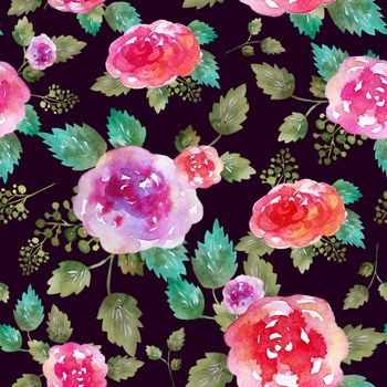 Vintage floral seamless pattern with rose flowers and leaf. Print for textile wallpaper endless. Hand-drawn watercolor elements. Beauty bouquets. Pink, red. green on dark background.