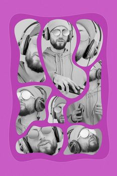 Pop art style collage. Funky bearded hipster DJ in headphone and sunglasses. Listening streaming music in smartphone player app. Contemporary art poster. Rave music nightclub party. Minimal concept.