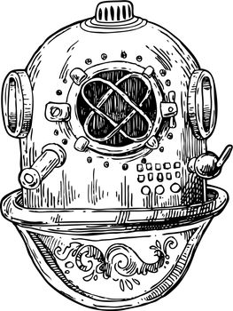 Old vintage diving helmet. Hand drawn vector illustration.