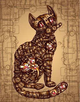 Mechanical cat. Hand drawn vector illustration.