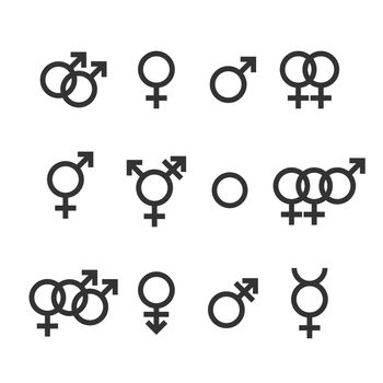 Gender icon. Female, male, gay, lesbian, transgender, bisexual symbol. Vector illustration, flat design.
