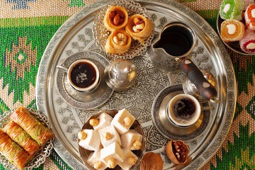 Turkish Coffee served with Turkish Delight on metal tray