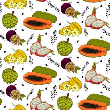 Seamless pattern with various tropical, exotic fruits on white. Vector fruit pattern.