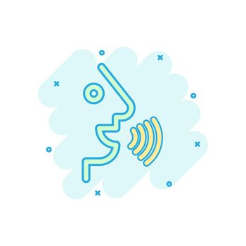 Voice command with sound waves icon in comic style. Speak control vector cartoon illustration pictogram. Speaker people business concept splash effect.