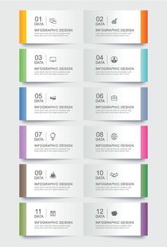 12 data infographics tab paper index template. Vector illustration abstract background.