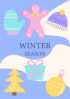 Winter season festive celebration abstract poster template. Commercial flyer design with flat illustration. Vector cartoon promo card with organic shapes. Wintertime advertising invitation