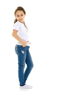 Girl in Blank White Shirt and Blue Jeans Standing Half Turn