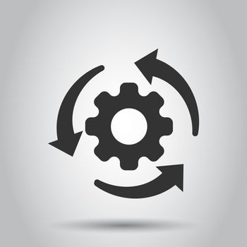 Workflow process icon in flat style. Gear cog wheel with arrows vector illustration on white background. Workflow business concept.