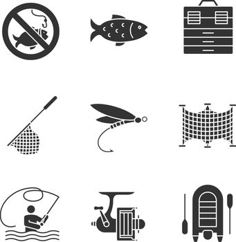 Fishing glyph icons set