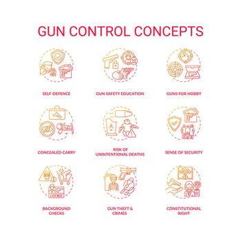 Gun control red gradient concept icons set