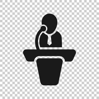 Public speach icon in transparent style. Podium conference vector illustration on isolated background. Tribune debate business concept.