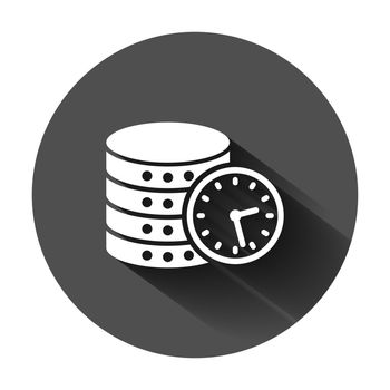 Data center icon in flat style. Clock vector illustration on black round background with long shadow. Watch business concept.