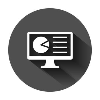 Analytic monitor icon in flat style. Diagram vector illustration on black round background with long shadow. Statistic business concept.