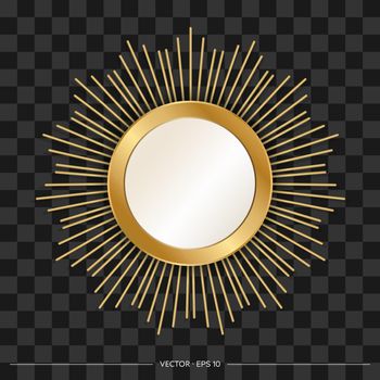 Designer round mirror with golden frame and rays around. Realistic style. Vector illustration.