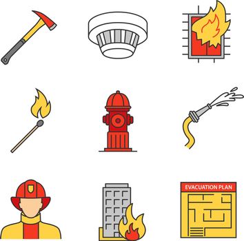 Firefighting color icons set