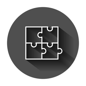 Puzzle compatible icon in flat style. Jigsaw agreement vector illustration on black round background with long shadow. Cooperation solution business concept.