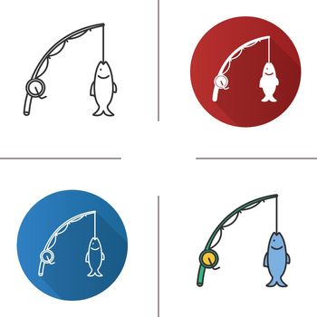 Spinning rod with fish catch icons set