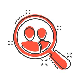 Search job vacancy icon in comic style. Loupe career vector cartoon illustration on white isolated background. Find vacancy business concept splash effect.