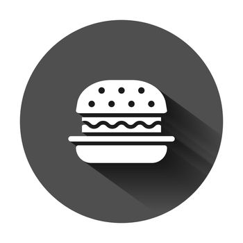 Burger sign icon in flat style. Hamburger vector illustration on black round background with long shadow. Cheeseburger business concept.