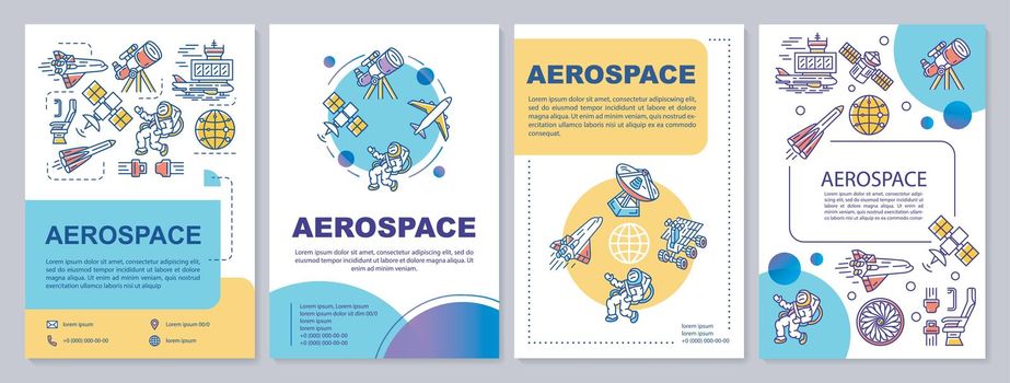 Aerospace industry template layout. Flyer, booklet, leaflet print design with linear illustrations. Cosmos, space exploration. Vector page layouts for magazines, annual reports, advertising posters
