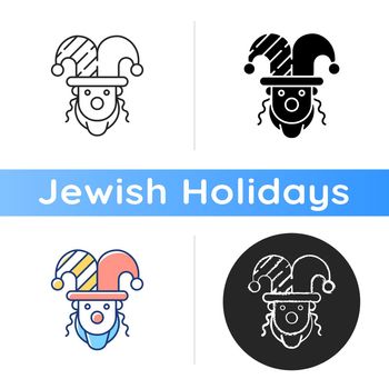 Purim celebration icon. Jewish festival commemorating. Dressing up to synagogue. Carnival masquerade. Costume parties. Linear black and RGB color styles. Isolated vector illustrations
