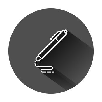 Pen icon in flat style. Ballpoint vector illustration on black round background with long shadow. Office stationery business concept.