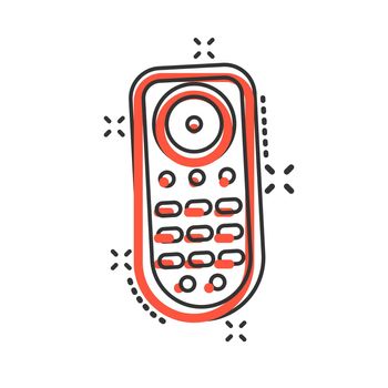Remote control icon in comic style. Infrared controller vector cartoon illustration on white isolated background. Tv keypad business concept splash effect.