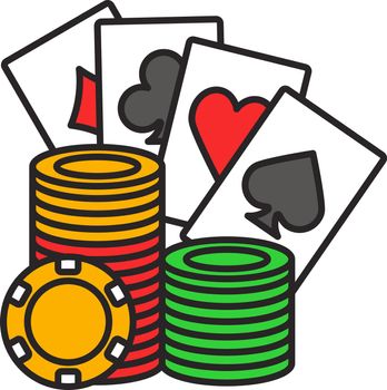 Casino chips stack with playing cards color icon