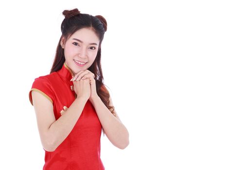 woman wear red cheongsam in concept of happy chinese new year isolated on white background
