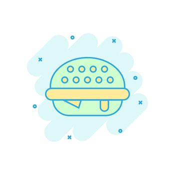 Burger sign icon in comic style. Hamburger vector cartoon illustration on white isolated background. Cheeseburger business concept splash effect.