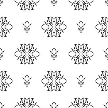 Black-white Seamless pattern with lotuses in Simple style. Good for clothing, textiles, backgrounds and prints. Vector illustration.