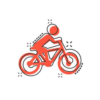 People on bicycle sign icon in comic style. Bike vector cartoon illustration on white isolated background. Men cycling business concept splash effect.