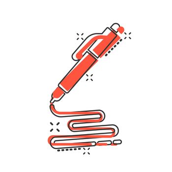 Pen icon in comic style. Ballpoint vector cartoon illustration on white isolated background. Office stationery splash effect business concept.