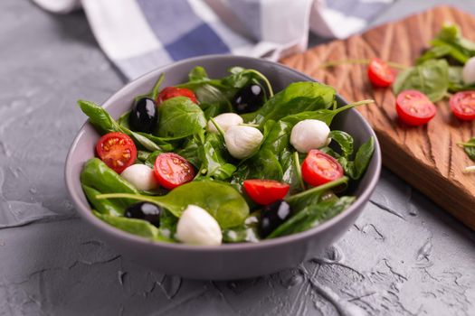 Fresh salad with mozzarella cheese, tomato, spinach close-up. Healthy food.