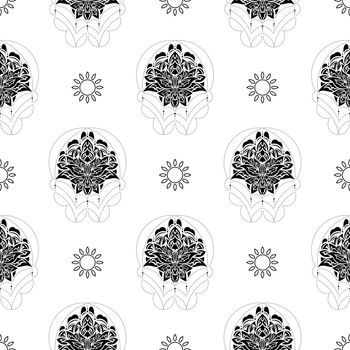 Lotus seamless pattern. Black and white. Good for backgrounds and prints. Vector illustration.