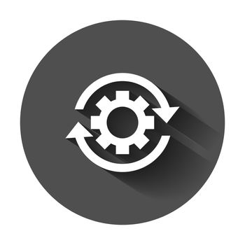 Workflow process icon in flat style. Gear cog wheel with arrows vector illustration with long shadow. Workflow business concept.