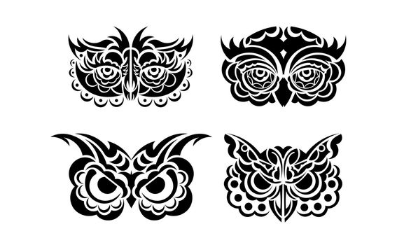 Owl face tattoo set isolated on white background. Vector illustration.