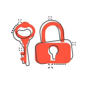 Key with padlock icon in comic style. Access login vector cartoon illustration pictogram. Lock keyhole business concept splash effect.
