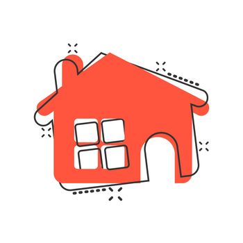 House building icon in comic style. Home apartment vector cartoon illustration pictogram. Dwelling business concept splash effect.