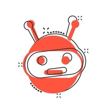 Cute robot chatbot icon in comic style. Bot operator vector cartoon illustration pictogram splash effect.