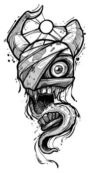 Cartoon scary zombie mummy monster with horns