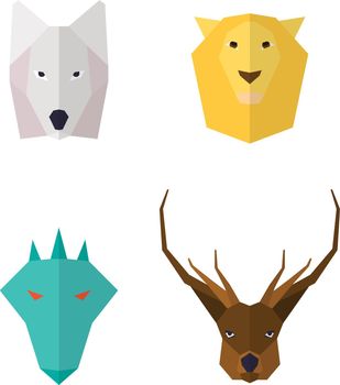 Wild animals flat icons of wolf, lion, deer and dragon