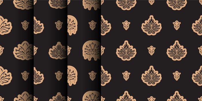 Set of Dark solid color Seamless pattern with lotuses in Simple style. Good for backgrounds and prints. Vector illustration.