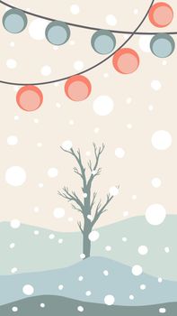 christmas greeting card cute hand drawn style and trendy matching pastel colors. christmas tree and snowman with gift box on snowdrift with garland and snow flakes
